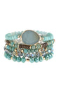 Natural stone charm mixed beads bracelets stacked featuring glass and base metal accents in vibrant teal colors.