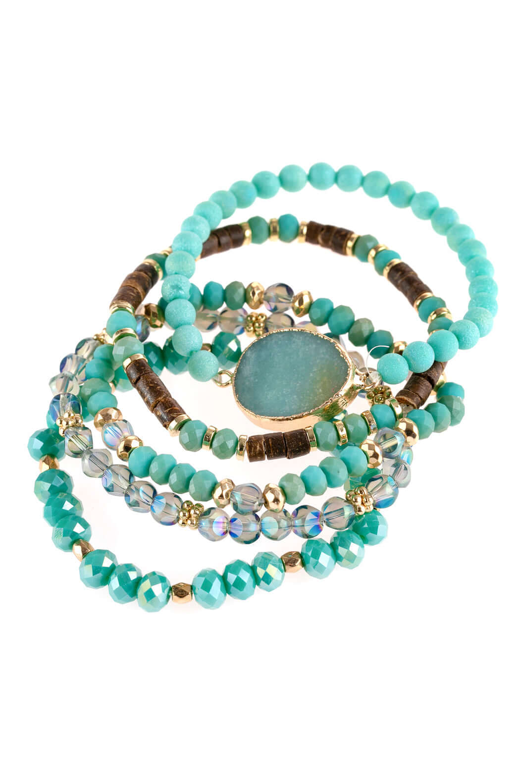 Natural stone charm mixed beads bracelets in turquoise, featuring ornate etching and sparkling accents.