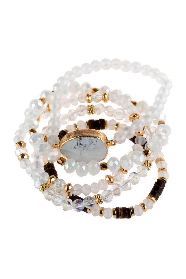 Natural stone charm mixed beads bracelets with gold accents and glass beads, 2.25" diameter stretchable design.