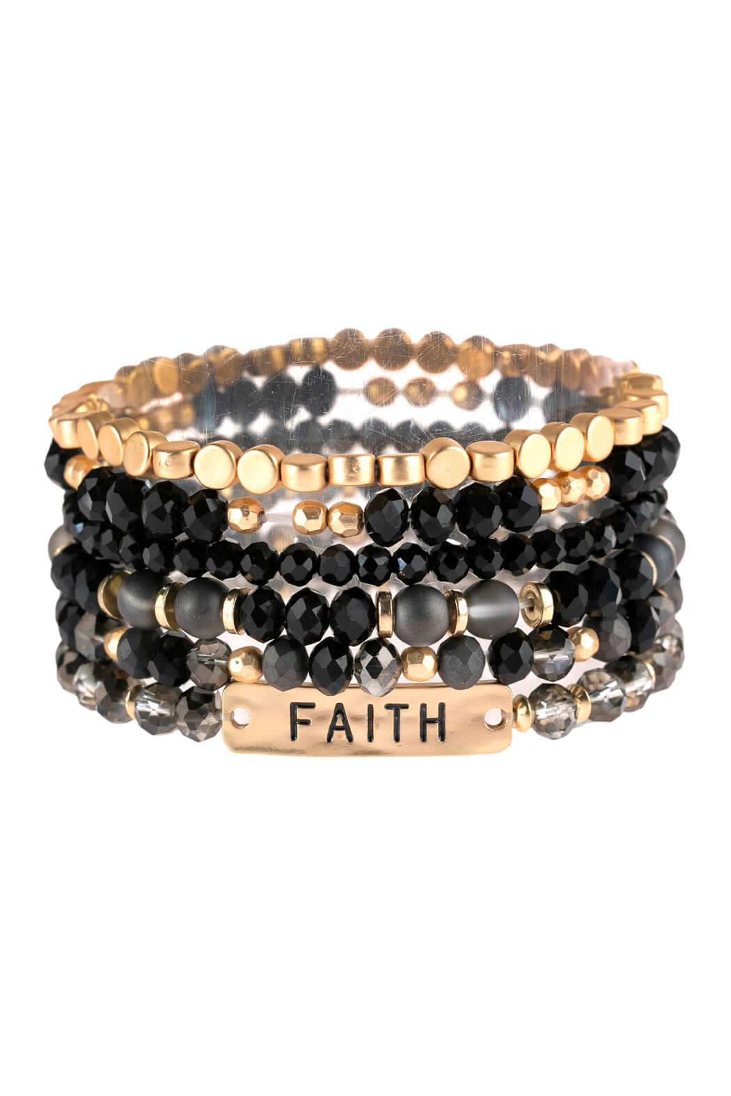 Mixed beads bracelet with 'FAITH' engraving, featuring black glass beads and gold accents, 2.5" diameter.