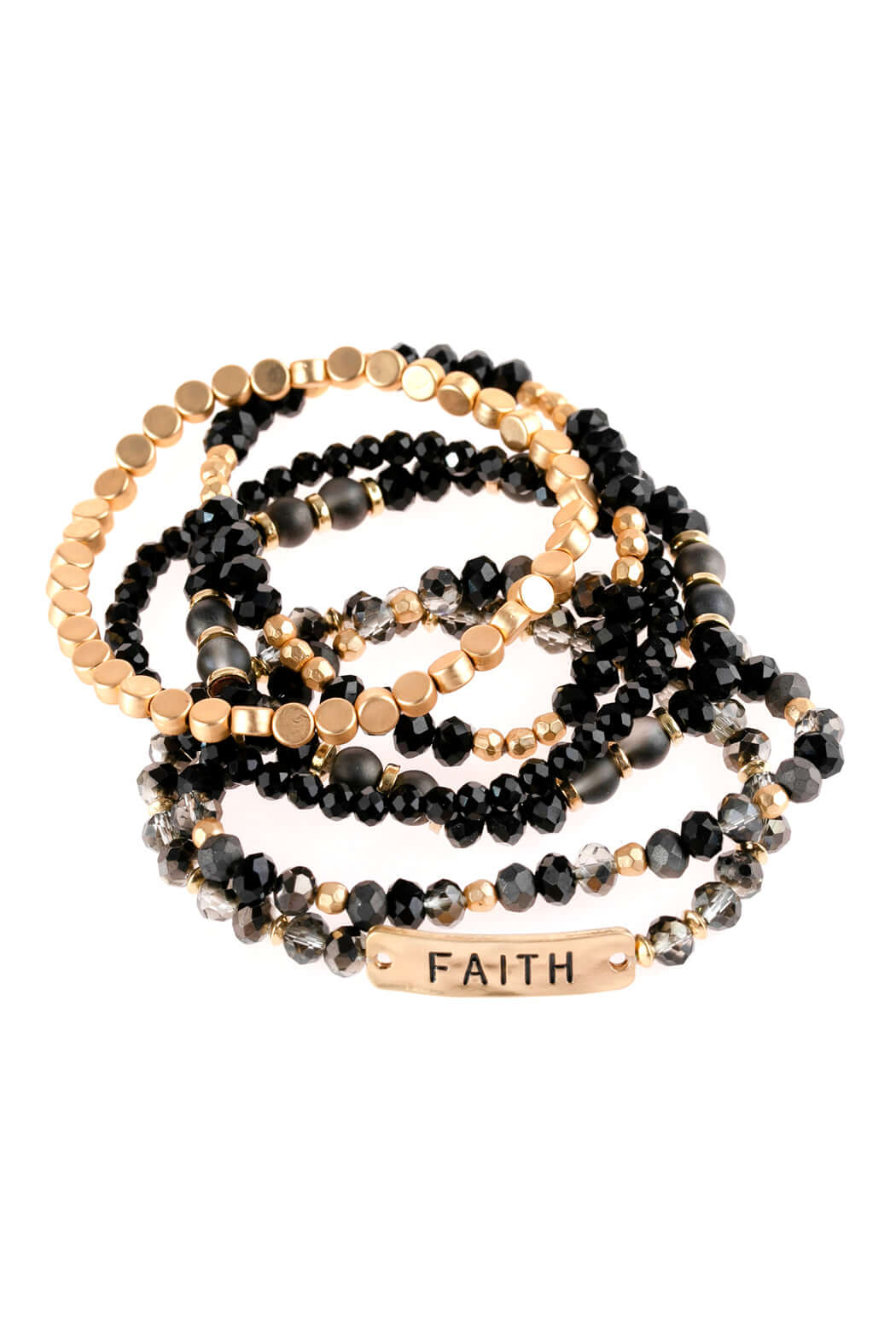 Faith charm mixed beads bracelet featuring black and gold beads, adjustable stretch design, chic and unique arm candy.