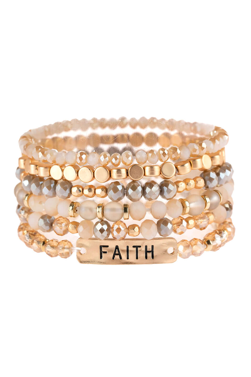 Faith charm mixed beads bracelet stacked with glass and base metal beads, features engraved 'FAITH' lariat bar, 2.5" stretchable.