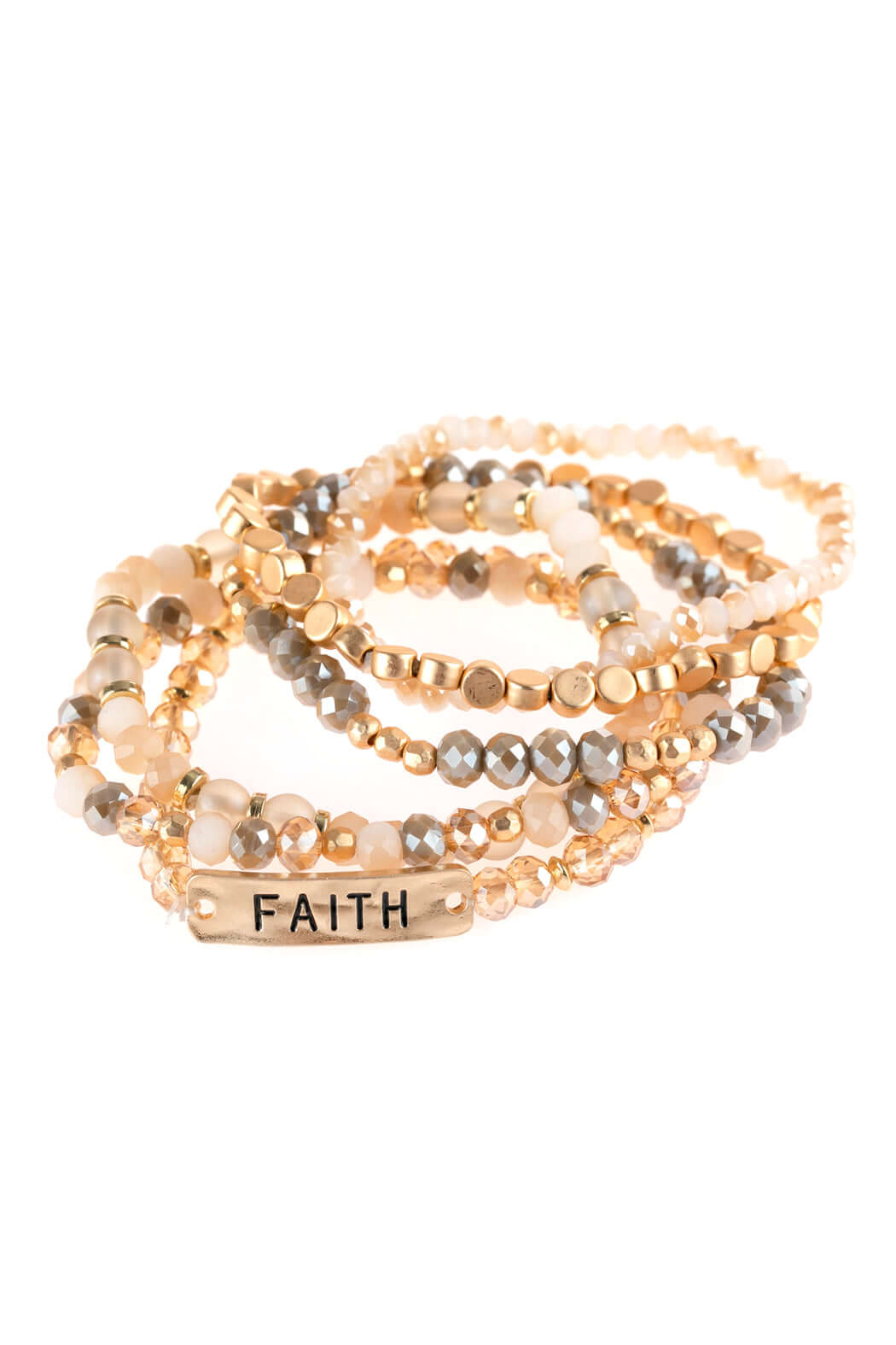 Faith charm mixed beads bracelet featuring stretchable design, gold, and glass beads with engraved message.