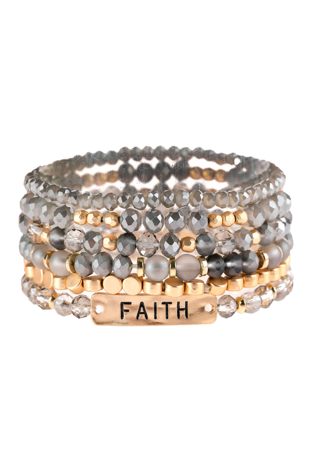 Stylish 'Faith' charm mixed beads bracelet in gray and gold, perfect for stacking or wearing solo.