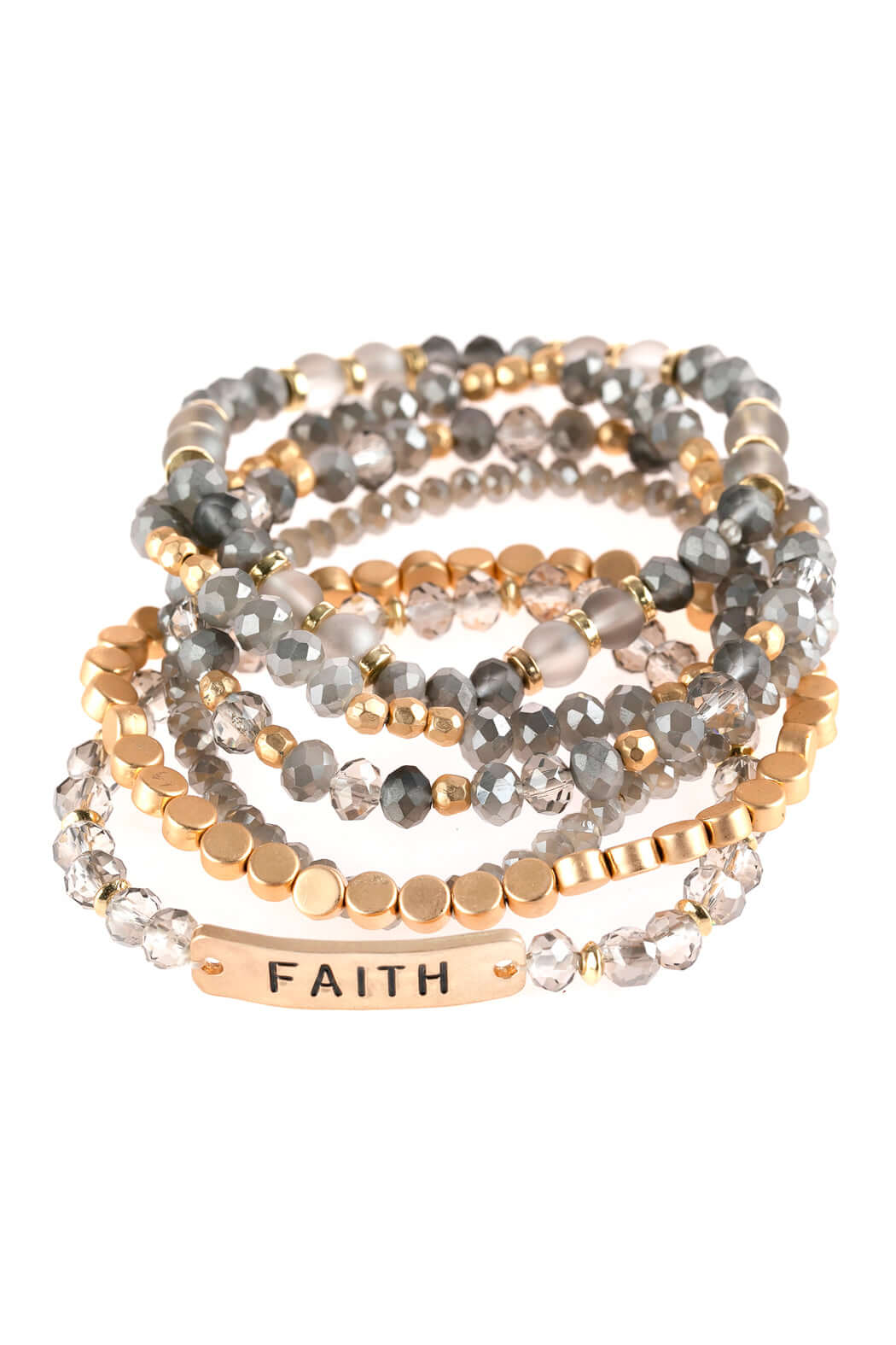 Faith charm mixed beads bracelet with glass beads and engraved lariat, perfect for stacking or solo wear.