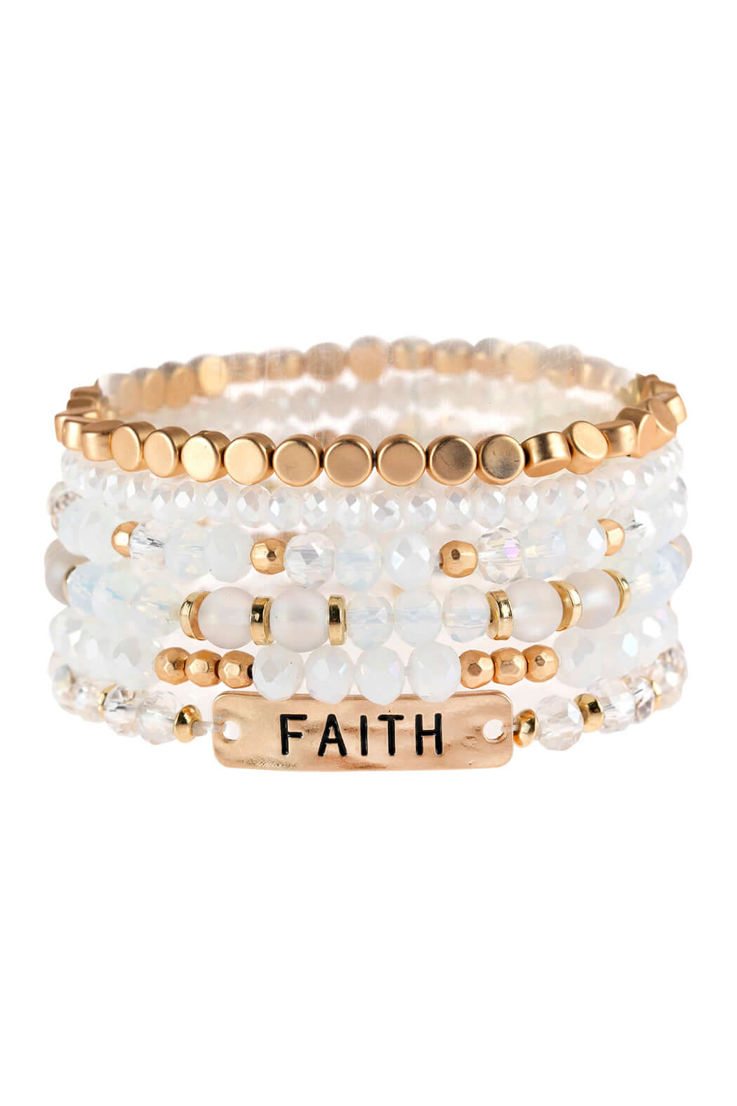 Chic mixed beads bracelet with gold accents and 'FAITH' engraved charm, perfect for stacking or solo wear.