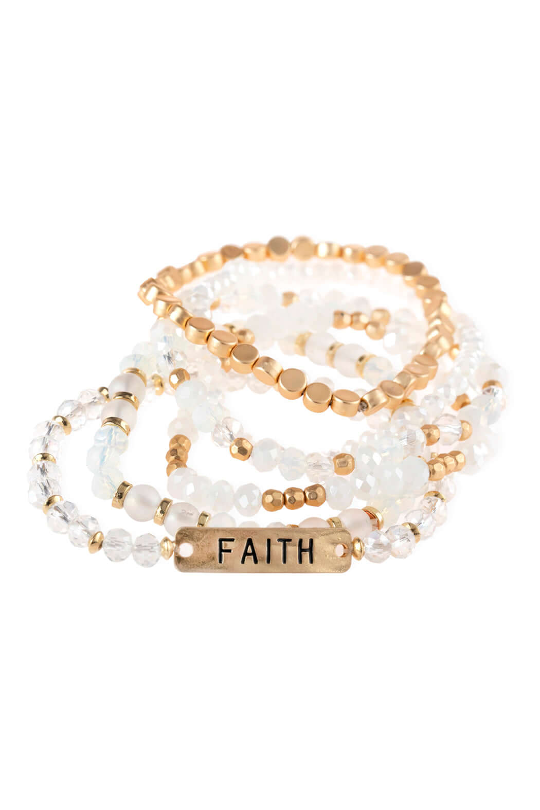 Mixed beads bracelet with 'FAITH' charm, gold and clear glass beads, stylish arm candy accessory.