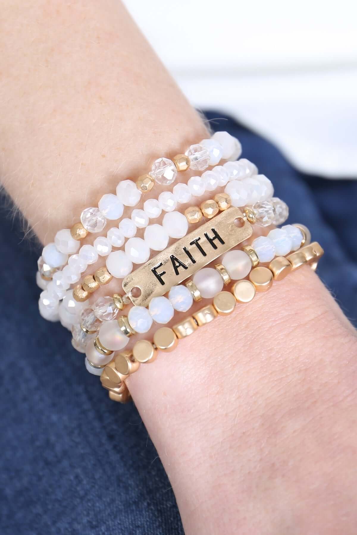 Cute stretch bracelets featuring mixed beads and a 'FAITH' engraved bar, perfect for stacking or solo wear.