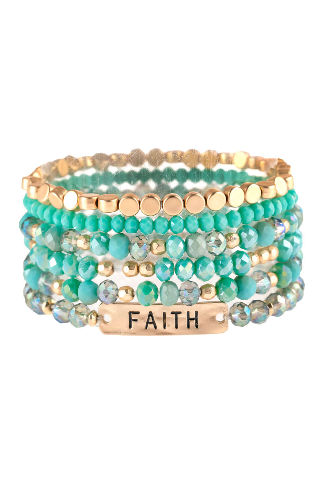 "Faith" mixed beads bracelet with gold accents and turquoise glass beads, stylish and stretchable for unique arm candy.