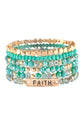 "Faith" mixed beads bracelet with gold accents and turquoise glass beads, stylish and stretchable for unique arm candy.