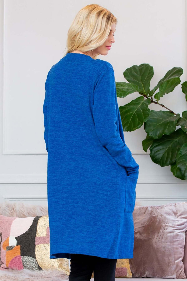 Back view of a blue brushed sweater pocket cardigan, featuring an open front and long silhouette.
