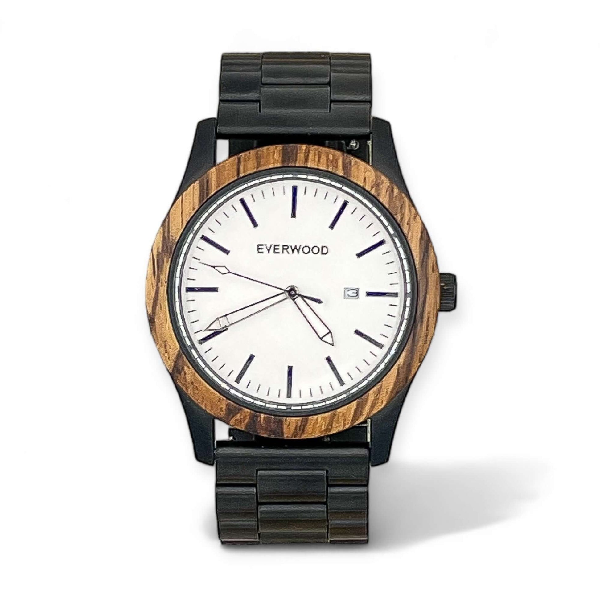 Inverness SS watch featuring a Zebrawood bezel, Miyota movement, stainless steel case, and adjustable strap.