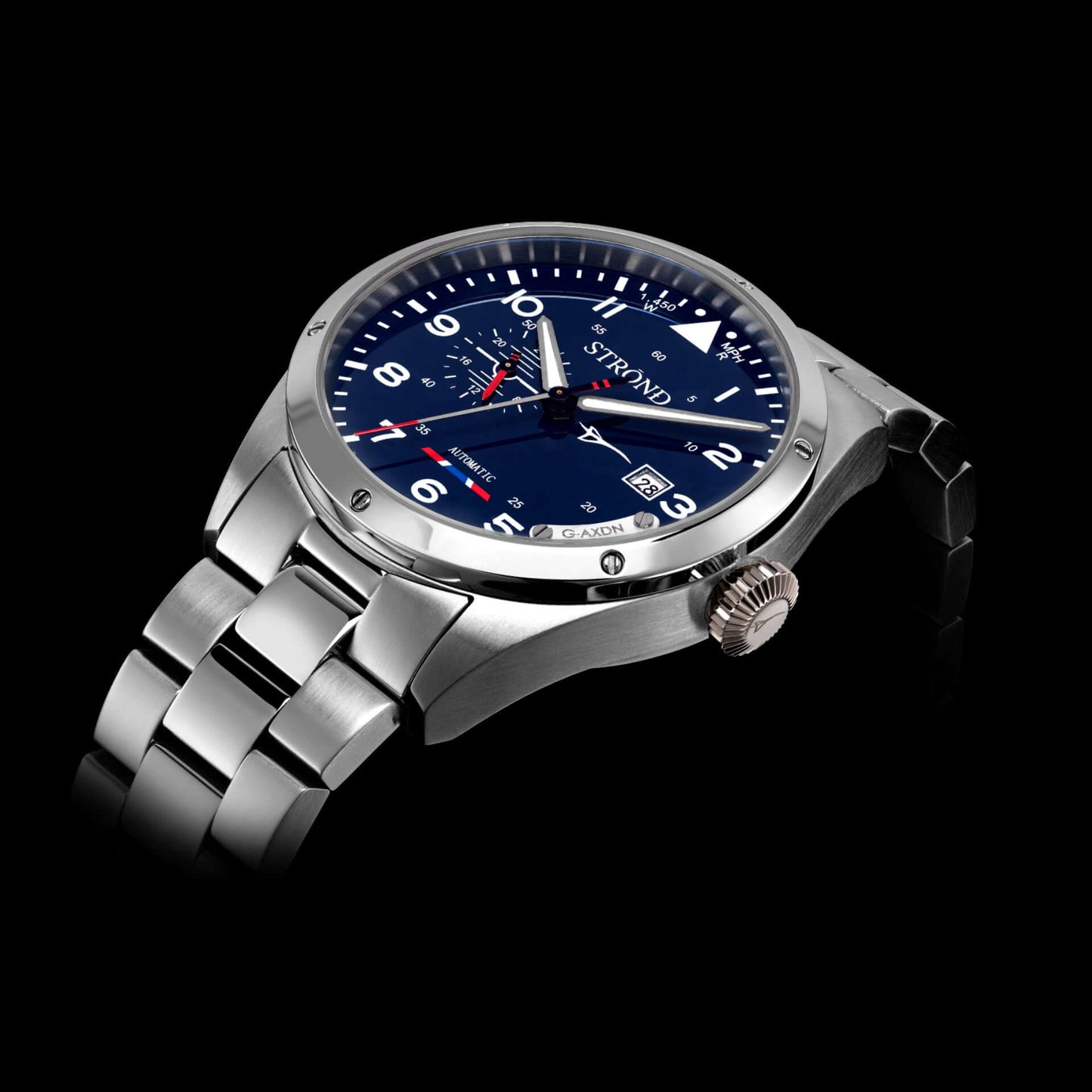 STROND Concorde 24h automatic watch in navy blue with silver stainless steel bracelet and modern design, limited edition.