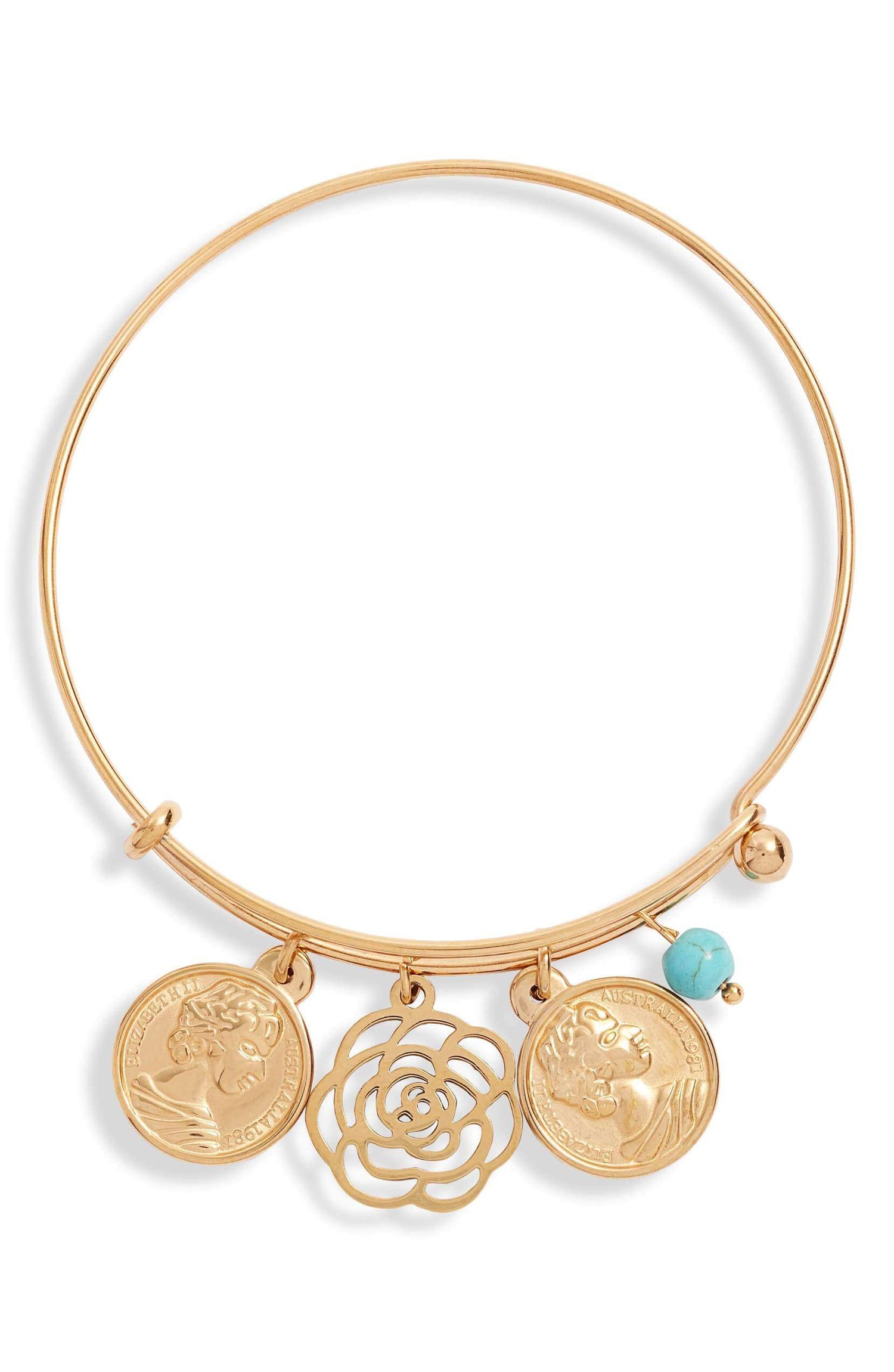 Multi Charm Bangle featuring gold coins and a flower charm, with turquoise bead, stylish and unique accessory.