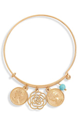 Multi Charm Bangle featuring gold coins and a flower charm, with turquoise bead, stylish and unique accessory.