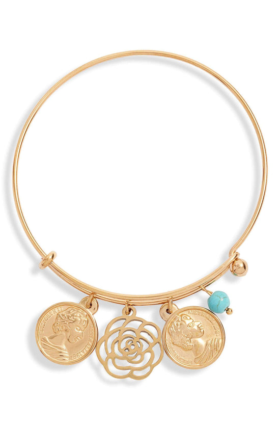 Multi Charm Bangle featuring gold coins and a flower charm, with turquoise bead, stylish and unique accessory.