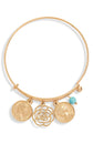 Multi Charm Bangle featuring gold coins and a flower charm, with turquoise bead, stylish and unique accessory.