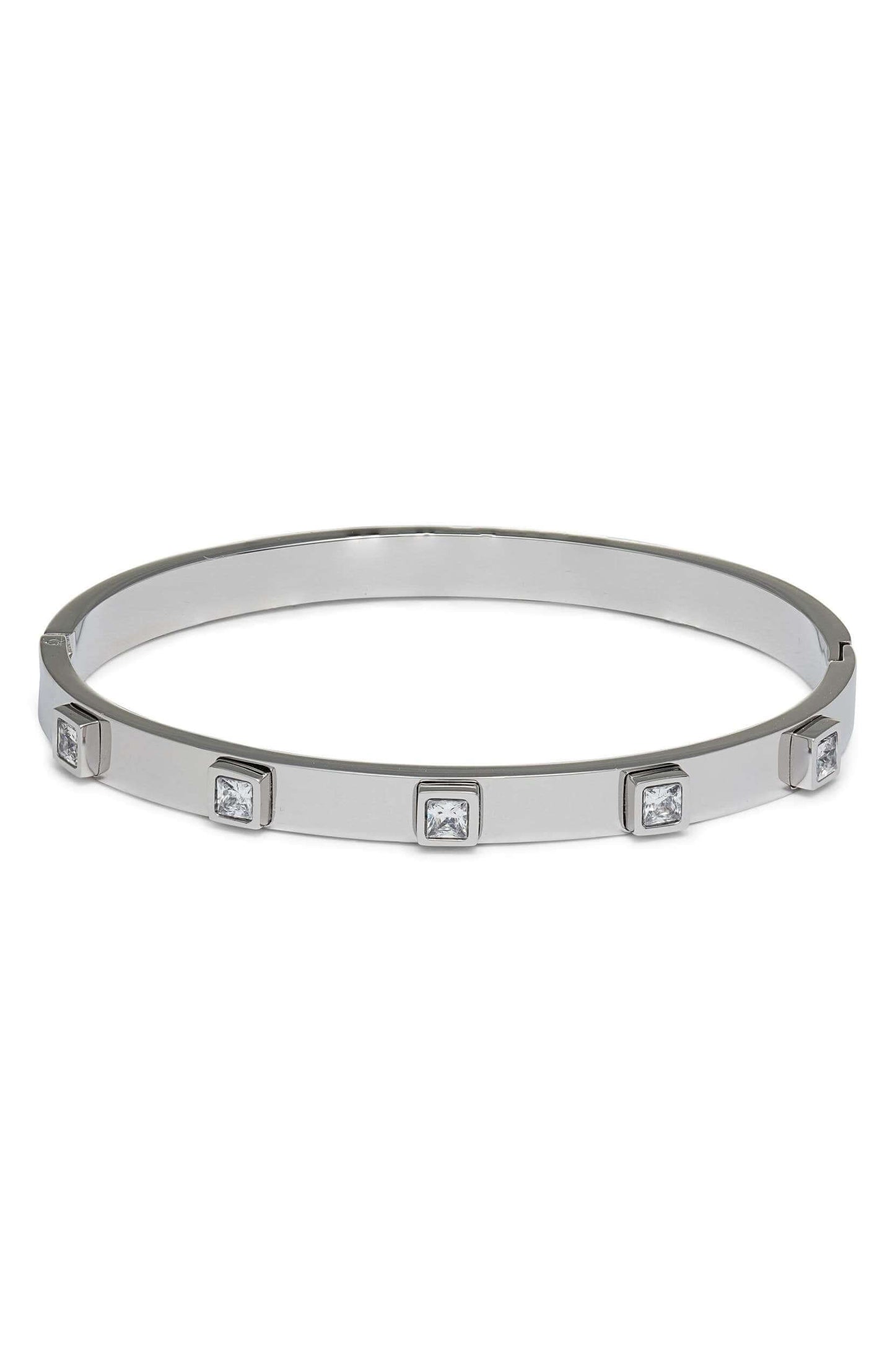 Glamorous silver crystal bangle with CZ crystal settings, perfect elegant accessory for any outfit.