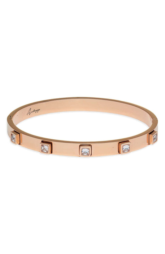 Glamorous rose gold Crystal Bangle with CZ crystal settings, perfect accessory for any occasion, available in multiple colors.