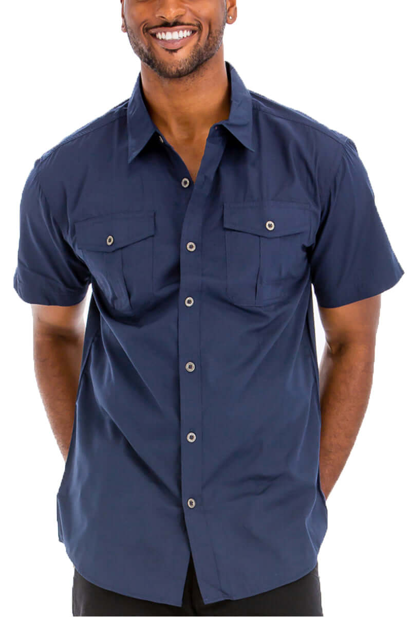 Men's short sleeve navy button down shirt with dual chest pockets and branded buttons.