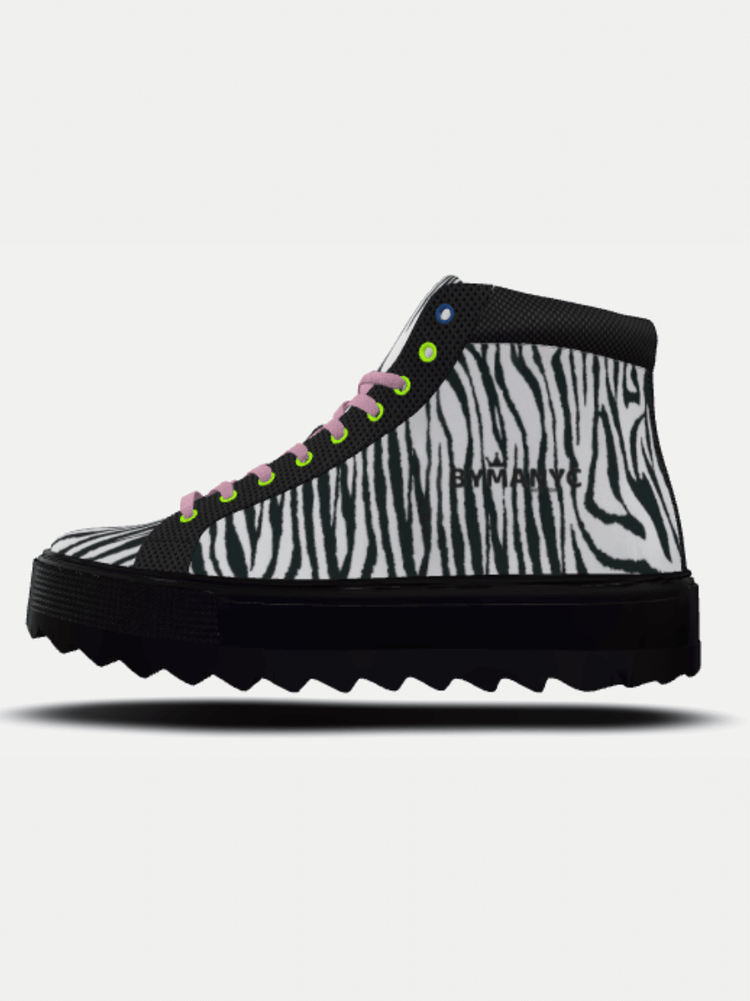 Zebra-print high-top sneakers with vibrant laces, featuring a chunky sole for a trendy look.