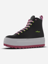 Sustainable BYMANYC® ankle boots in black with pink laces and gray platform, offering eco-friendly luxury and style.