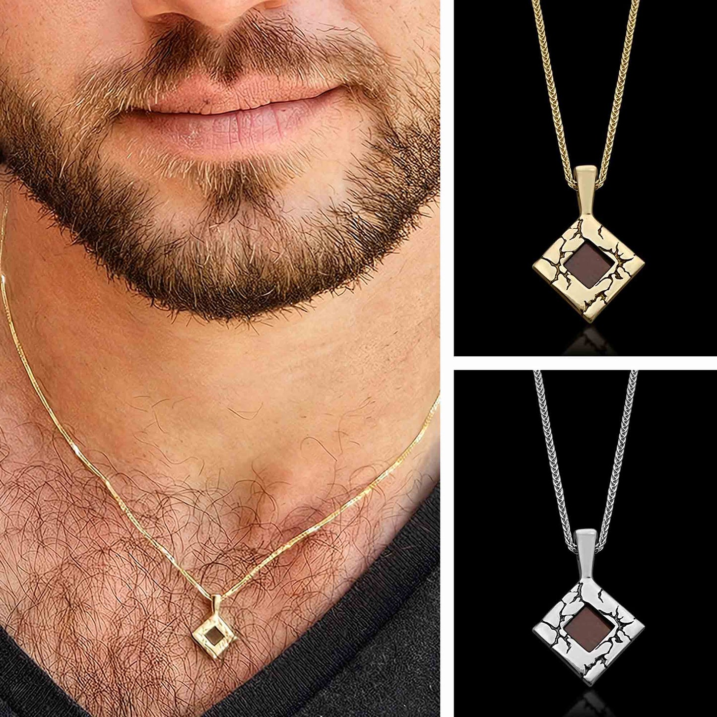 Stylish male wearing Nano Bible Lightning Pendant necklace in gold and silver options with engraved design.