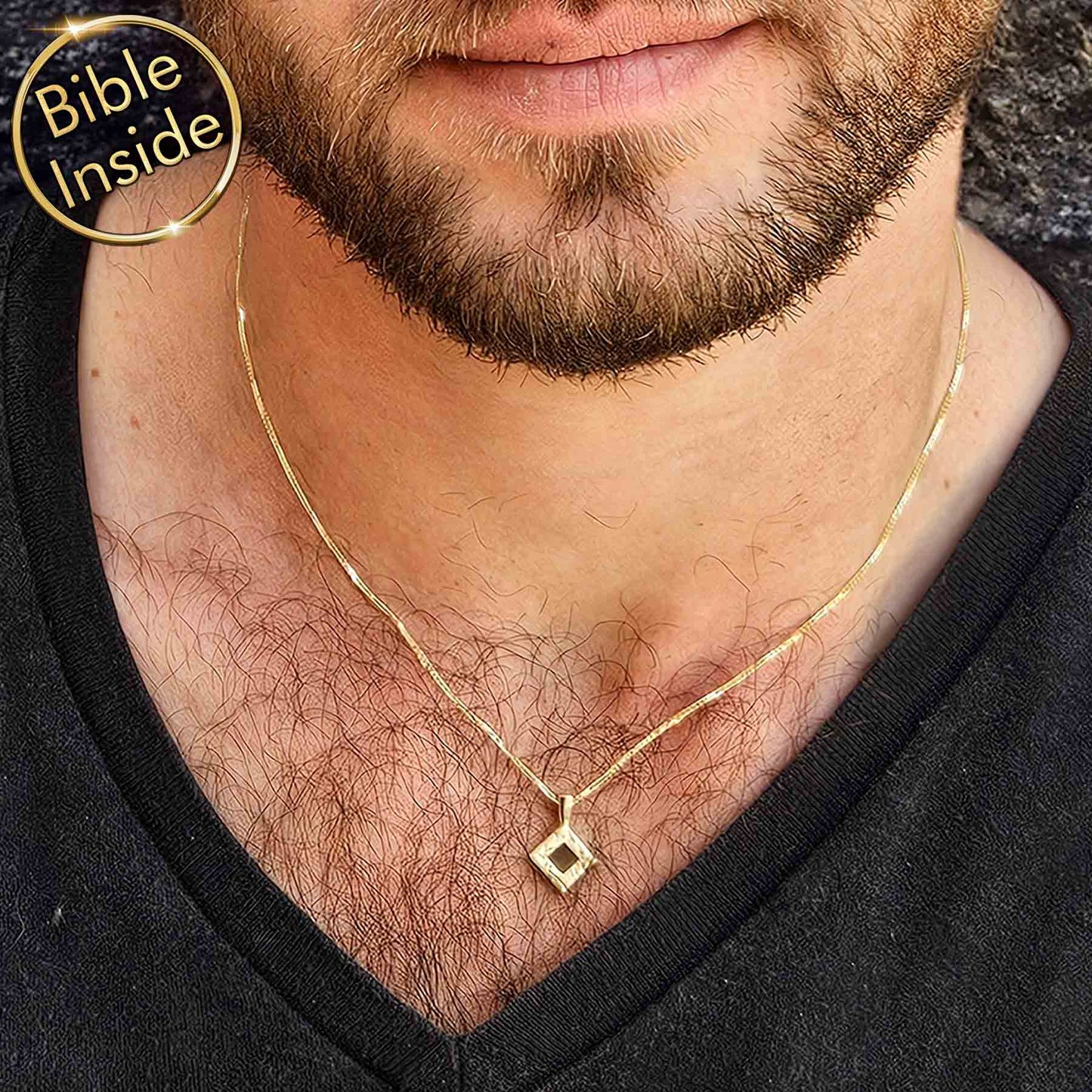 Close-up of a man wearing a gold rhombus necklace with nano Bible engraving, showcasing stylish faith jewelry.