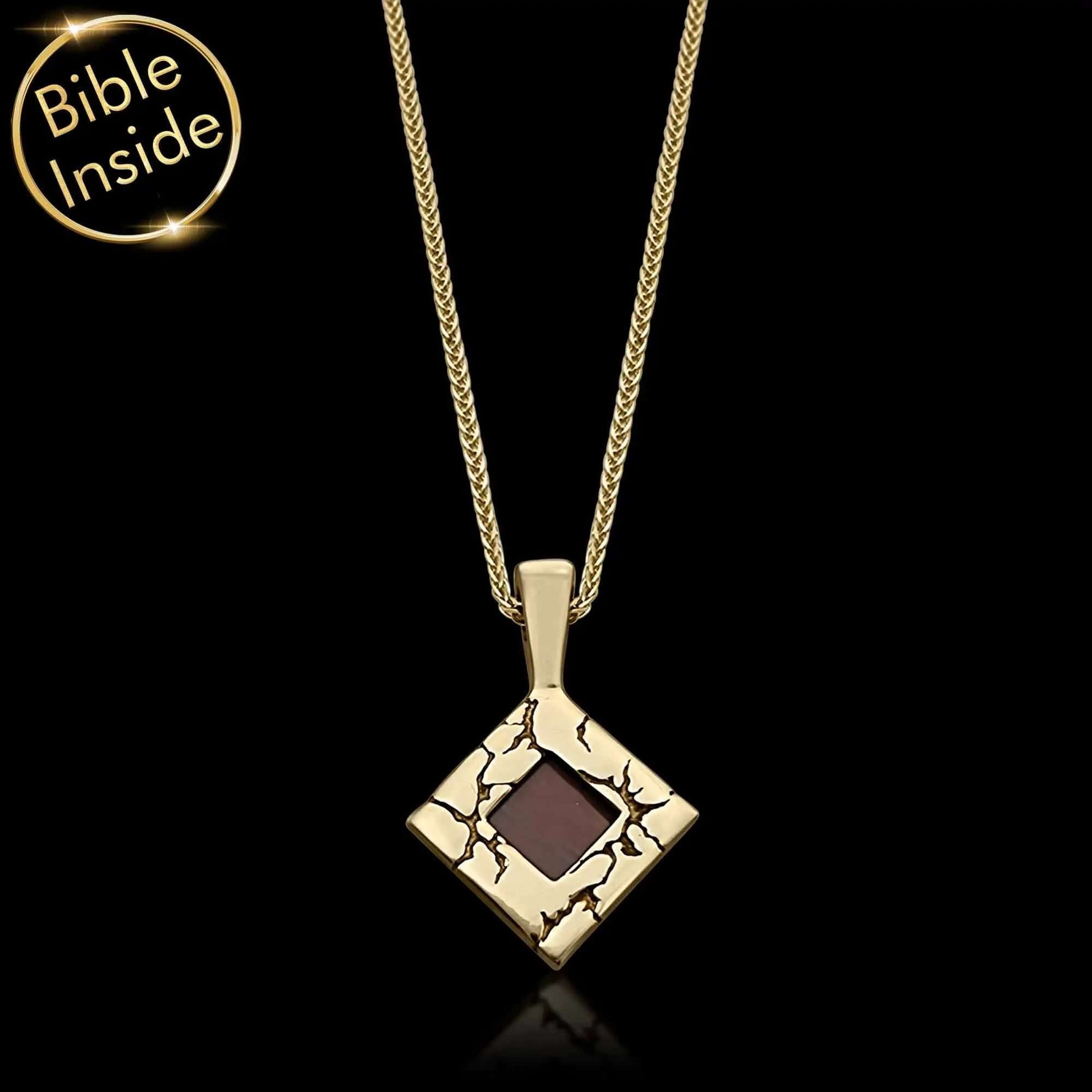 Stylish Nano Bible Jewelry rhombus necklace with lightning engraving and Bible inside, available in gold and silver.