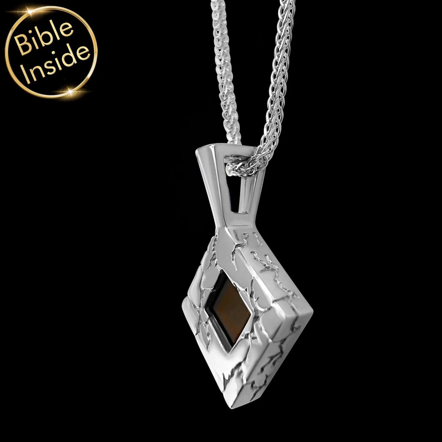 Nano Bible Jewelry lightning pendant necklace in silver with engraved rhombus design and Bible inside.