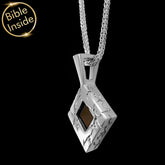 Nano Bible Jewelry lightning pendant necklace in silver with engraved rhombus design and Bible inside.