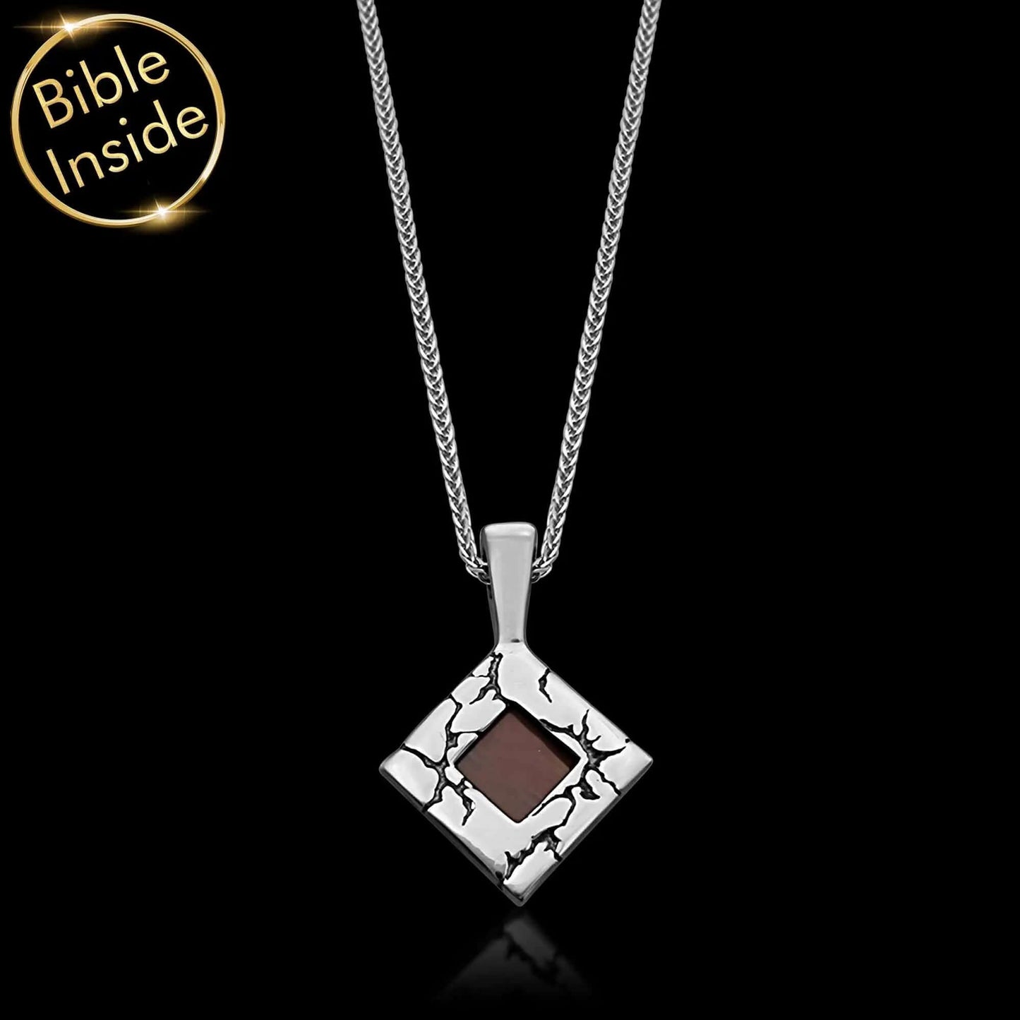 Nano Bible jewelry rhombus necklace with lightning engravings and silver chain, featuring a Bible inside.