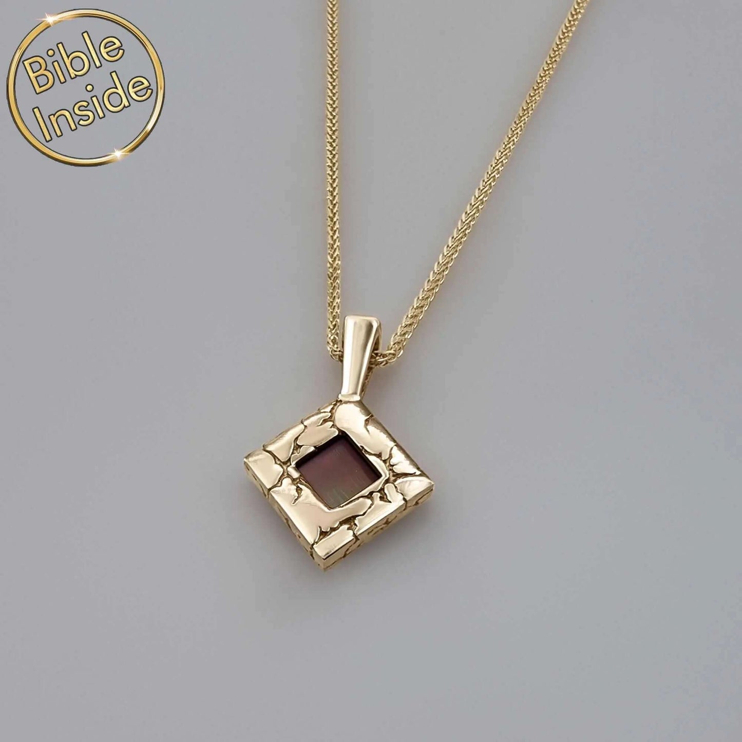 Nano Bible Jewelry rhombus necklace with lightning engravings, available in gold and silver finishes.