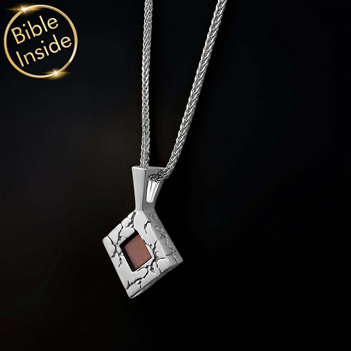 Nano Bible jewelry rhombus necklace with lightning engravings and Bible inside, available in various metals.