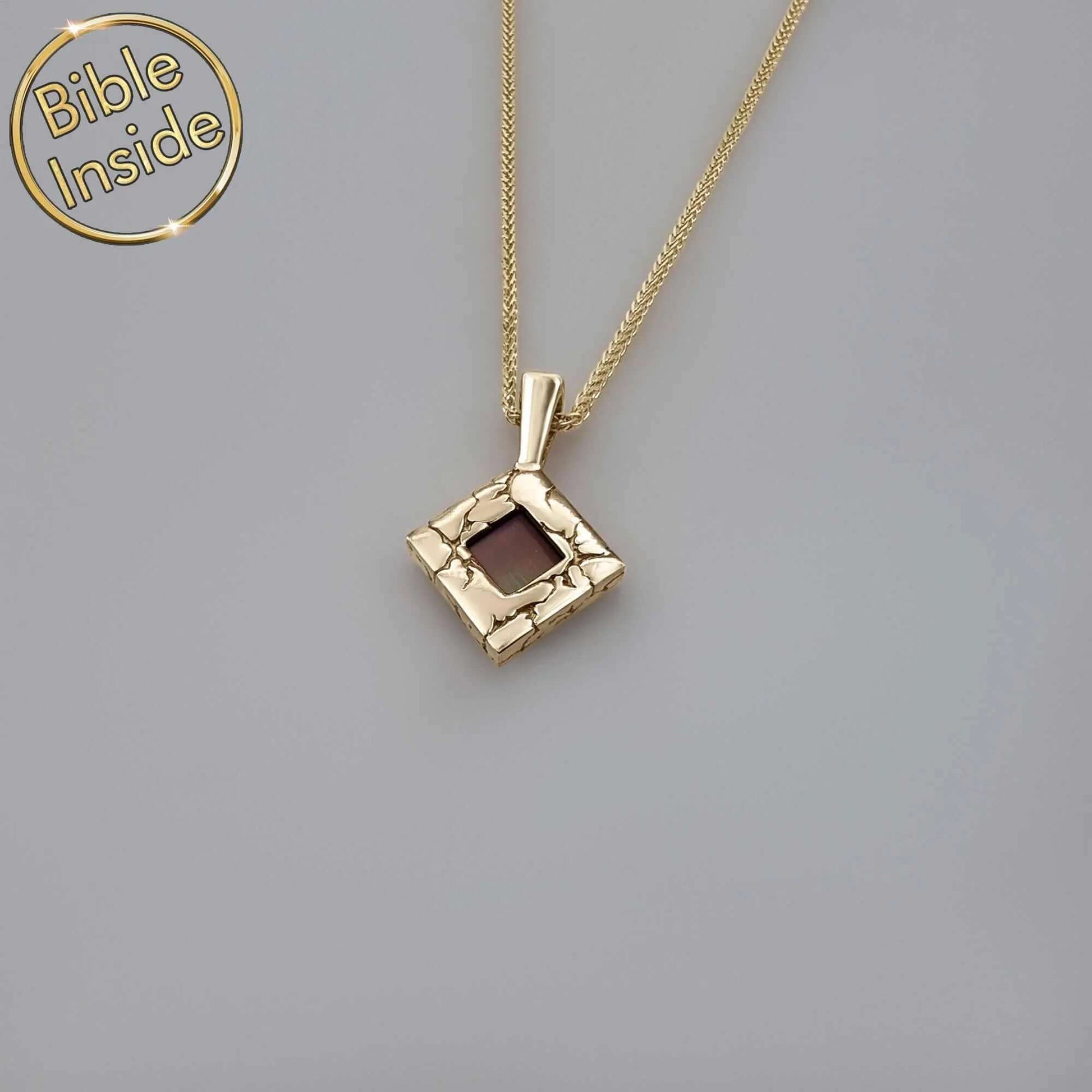 Nano Bible Jewelry Lightning Pendant in 14K gold with engraved rhombus design and Bible inside.