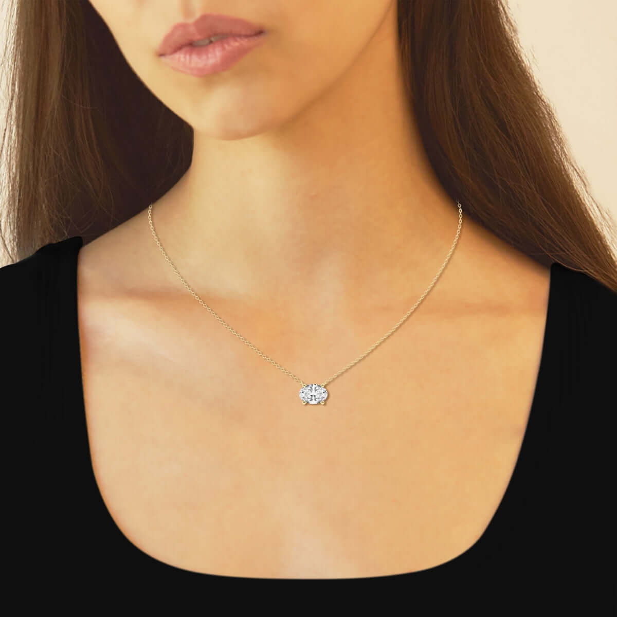 1.00 Ctw Oval Lab Grown Diamond Solitaire Pendant worn on an 18-inch gold chain, showcasing classic elegance.