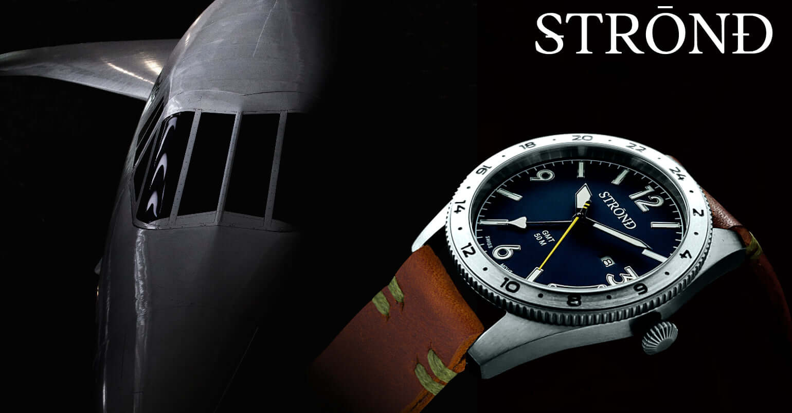 316 grade stainless steel watch with blue dial, rustic brown calfskin strap, and airplane background.