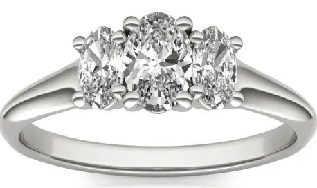 1 CTW oval lab-grown diamond three-stone engagement ring in 14K white gold, eco-friendly jewelry.