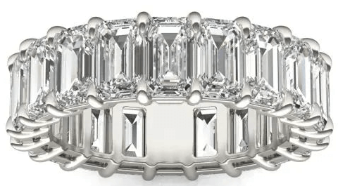 Elegant 6.25 CTW emerald-cut lab-grown diamond eternity ring in 14K white gold, handcrafted for high-fashion style.