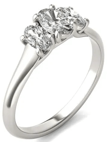 Three stone oval lab grown diamond engagement ring in 14K white gold setting.