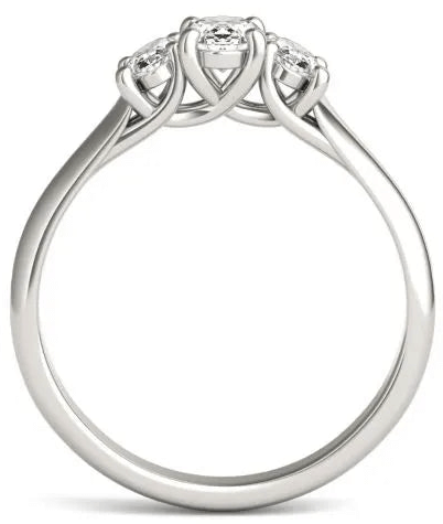 Three-stone oval lab-grown diamond engagement ring in 14K white gold, showcasing elegant trellis design.