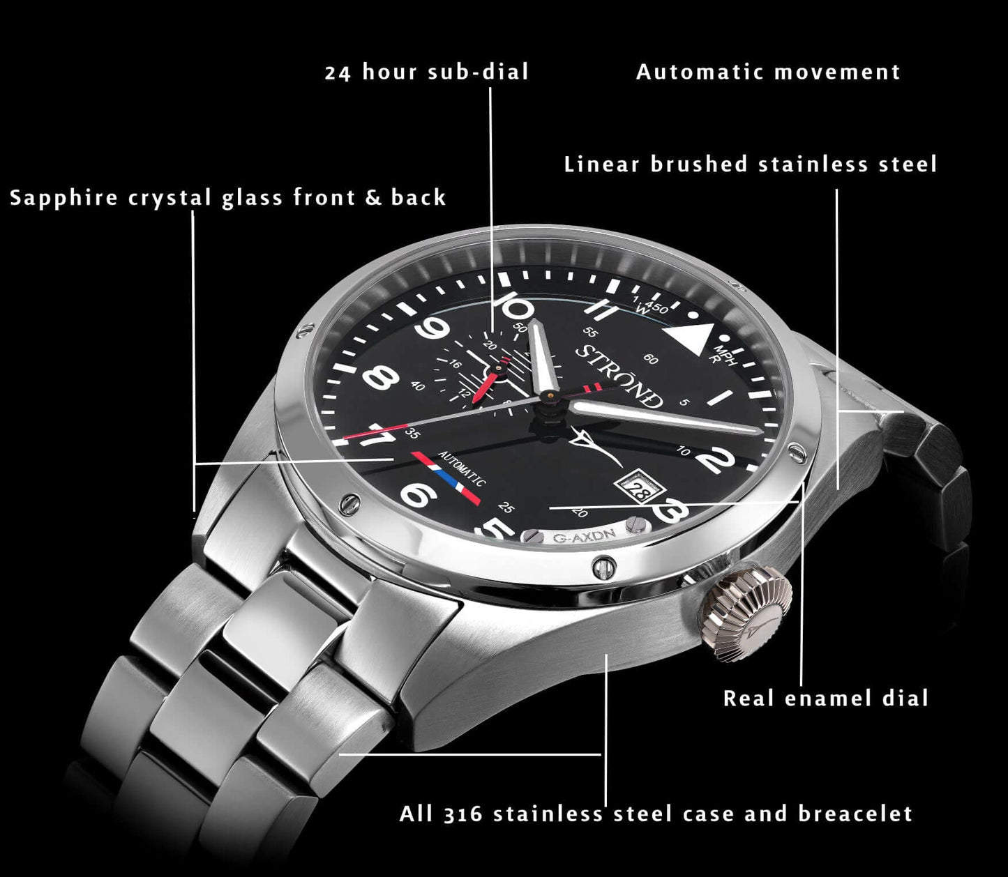 STROND Concorde 24h automatic watch with stainless steel case, 24-hour sub-dial, and sapphire crystal glass.