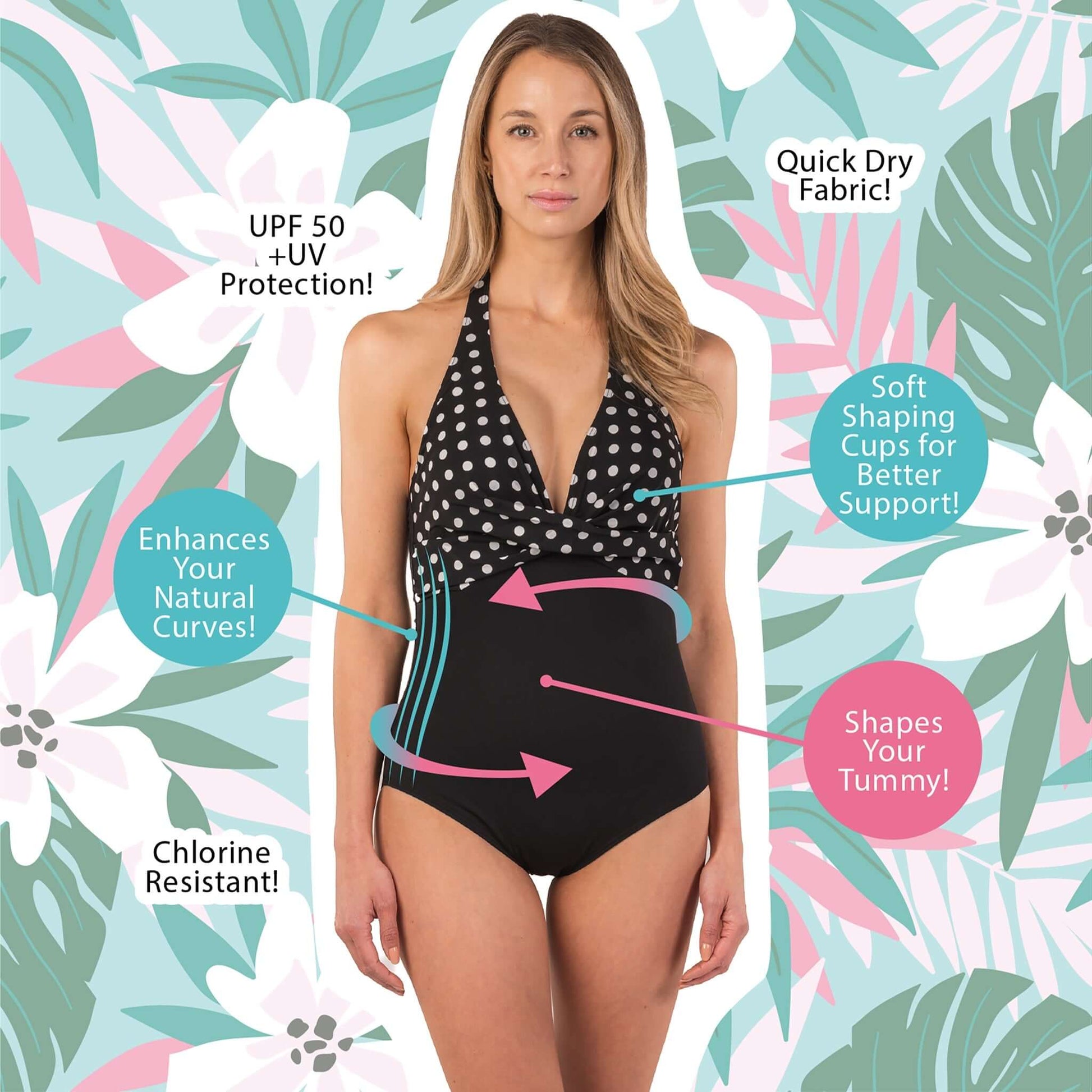 Black & polka dot shaping swimwear featuring soft cups, tummy control, and UPF 50 for sun protection.