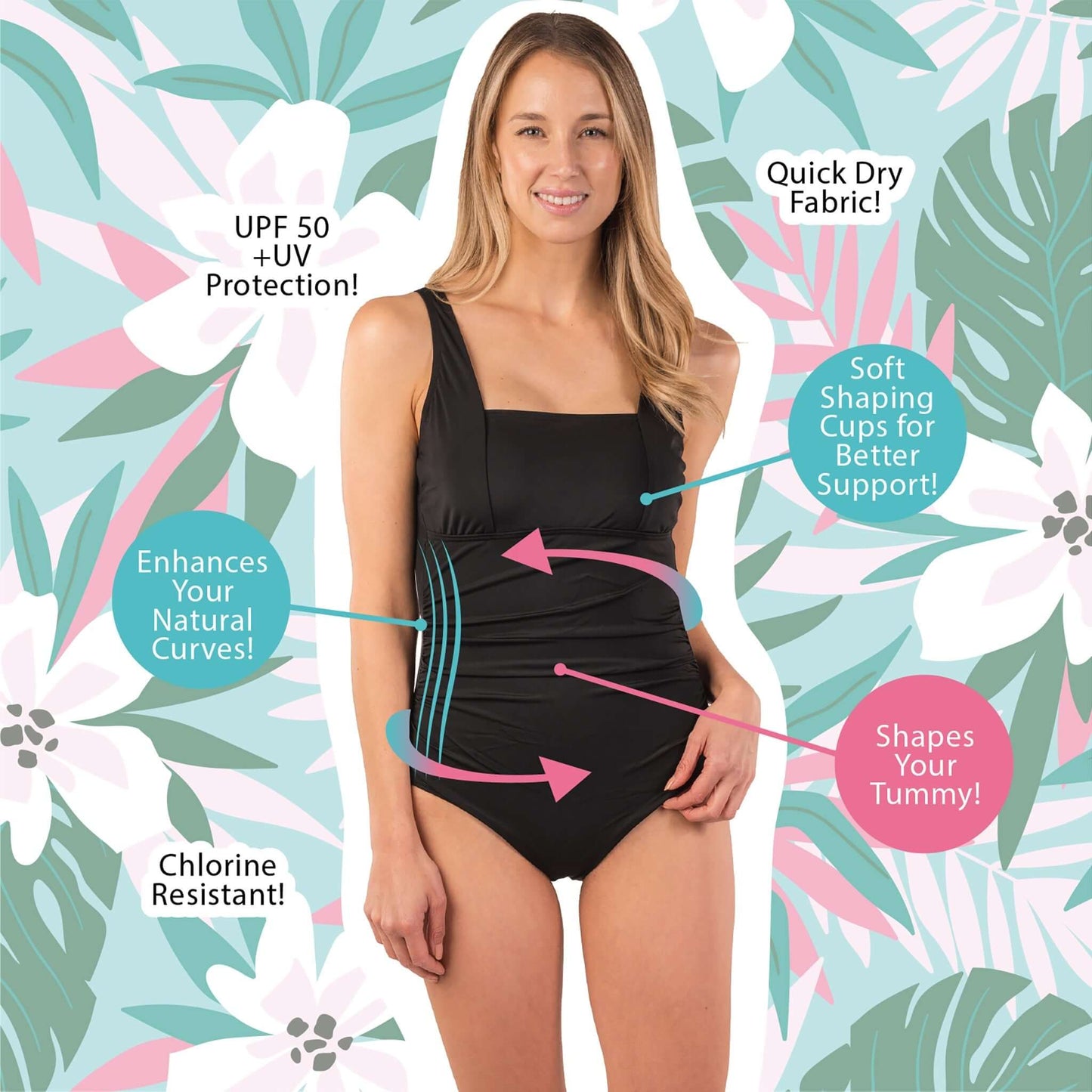 Model wearing black square neck shaping swimwear with floral background, highlighting tummy control and UV protection features.