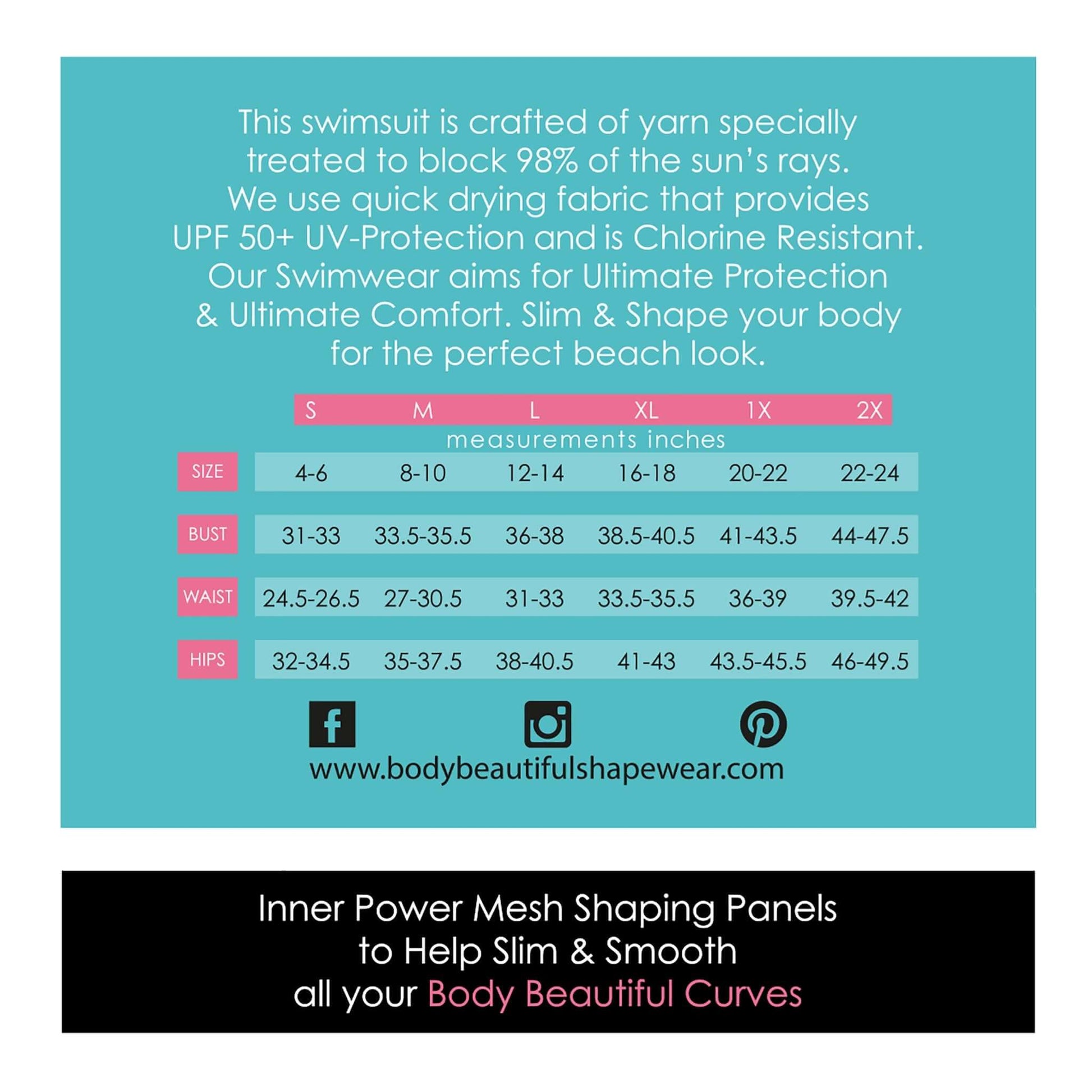 Size chart for Black & Polka Dot Shaping Swimwear showing measurements and care details for a perfect fit.