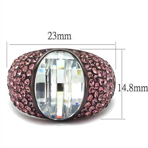 IP Dark Brown stainless steel ring with clear AAA Grade CZ, featuring an oval cut stone and pink accents.