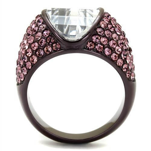 IP Dark Brown stainless steel ring featuring a large clear AAA grade CZ and an array of pink stones.