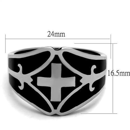 High polished stainless steel ring with black epoxy and cross design, 24mm x 16.5mm, stylish men's jewelry.