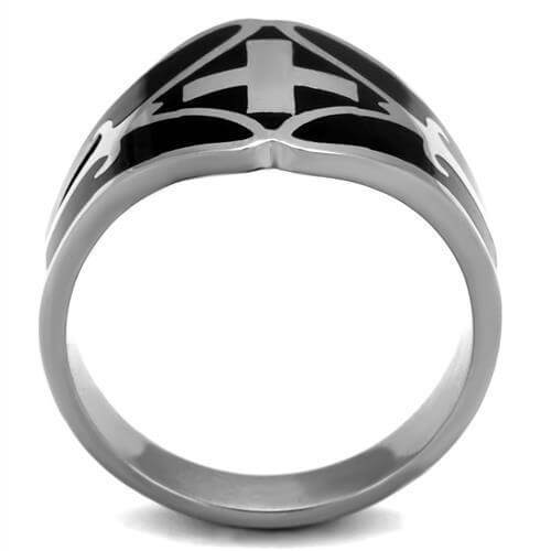 High polished stainless steel ring with black epoxy design, featuring a bold cross pattern, perfect for everyday wear.