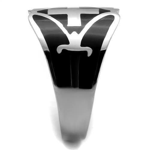 High polished stainless steel ring featuring jet epoxy stone, showcasing a sleek and modern design.